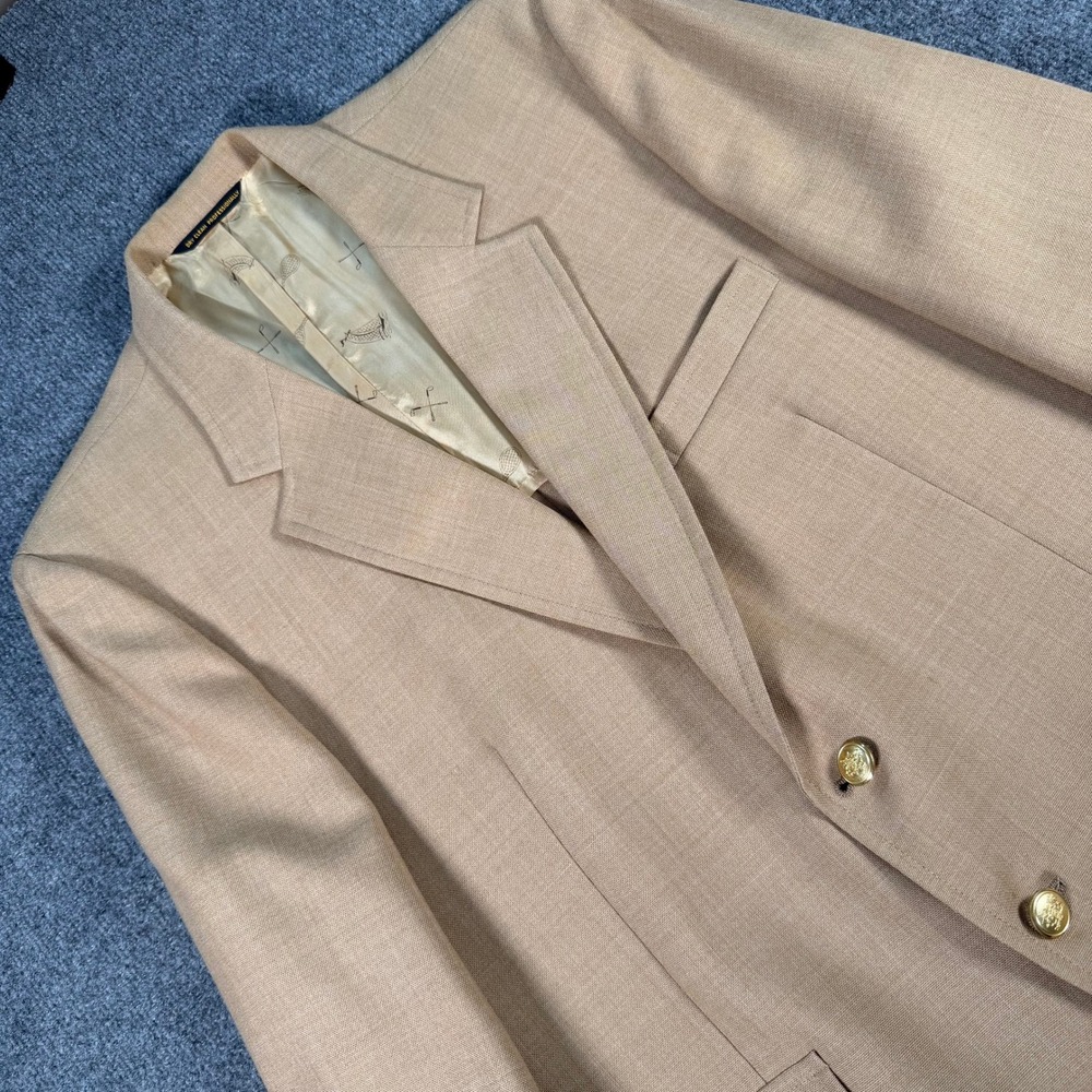 Vintage Kingsridge Kassel Brothers Tan Hopsack Blazer Gold Crest Buttons 46R